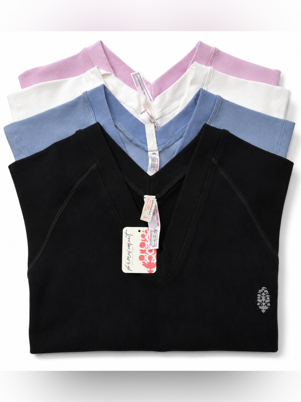 Free People V-Neck Ribbed Tops - Black, Blue, White, Pink